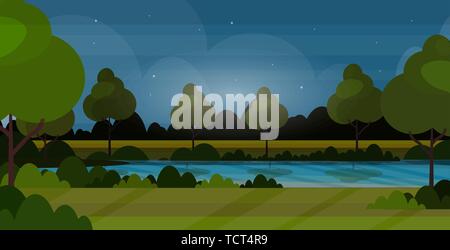 beautiful scenery in nature of river with trees around night summer landscape background flat horizontal Stock Vector