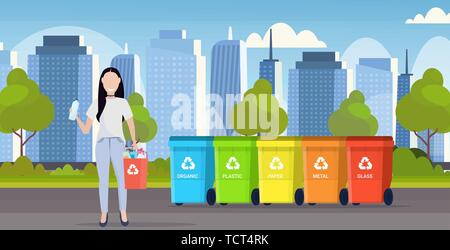 woman holding bucket with plastic rubbish near containers different types of recycling bins segregate waste sorting management concept modern Stock Vector
