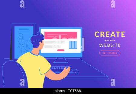 Create your own website flat vector illustration of young man sitting with pc and creating website with banner using web templates. People use servise Stock Vector