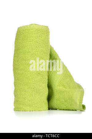 Green terry towel isolated on white background. Close up. Copy space Stock Photo