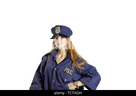 Red haired teen dressed in police uniform and cap isolated on white with copy space. Stock Photo