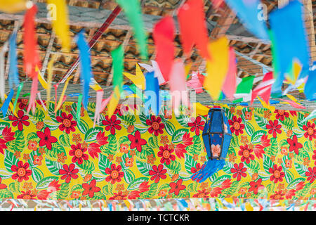 Festa Junina, Sao Joao, with Party small colorful Flags and decorative balloon it happens in June, mostly in Northeast of Brazil. Stock Photo