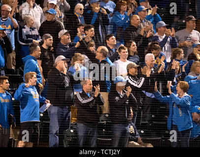 Los Angeles, CA, USA. 08th June, 2019. UCLA fans clebrate after the Bruins score during an NCAA super regional game between the Michigan Wolverines and the UCLA Bruins at Jackie Robinson Stadium in Los Angeles, California. UCLA defeated Michigan 5-4. (Mandatory Credit: Juan Lainez/MarinMedia.org/Cal Sport Media) Credit: csm/Alamy Live News Stock Photo