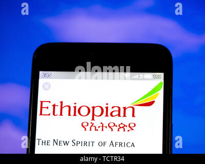June 10, 2019 - Ukraine - In this photo illustration a Ethiopian Airlines logo seen displayed on a smartphone. (Credit Image: © Igor Golovniov/SOPA Images via ZUMA Wire) Stock Photo
