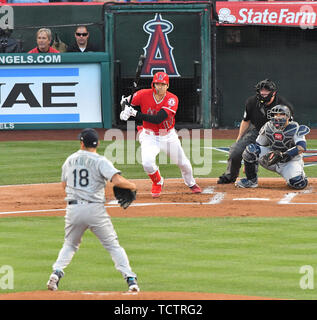 Anaheim, USA. 08th June, 2019. Los Angeles Angels designated hitter Shohei Ohtani hits a single off Seattle Mariners starting pitcher Yusei Kikuchi in the first inning during the Major League Baseball game at Angel Stadium in Anaheim, California, United States, June 8, 2019. Credit: Aflo Co. Ltd./Alamy Live News Stock Photo