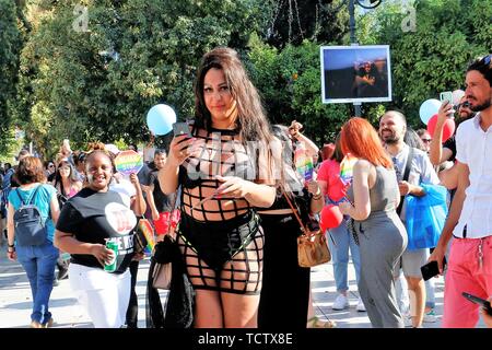 Athens, Greece. 8th June, 2019. A woman with a revealing dress seen during the festival.The Athens Pride Festival 2019 was held at the Syntagma square with many people of the LGBTQ joining the cause. Credit: Helen Paroglou/SOPA Images/ZUMA Wire/Alamy Live News Stock Photo