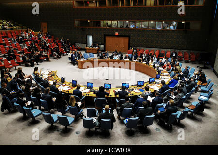 United Nations. 10th June, 2019. Photo taken on June 10, 2019 shows the United Nations Security Council holding a meeting on Kosovo, at the UN headquarters in New York. The top UN envoy in Kosovo, Zahir Tanin, warned on Monday that the situation in Kosovo can slide backward. Credit: Li Muzi/Xinhua/Alamy Live News Stock Photo