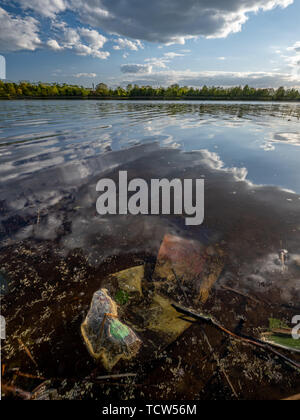 dirty plastic bag contaminating water in river, Riga, Latvia Stock Photo