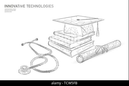 E-learning distance medicine graduate certificate program concept. Low poly 3D render graduation cap diploma and stethoscope banner template. Internet Stock Vector