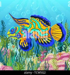 Mandarin fish at the bottom of sea with colorful algae drawing, underwater world background. Bright multi-colored blue orange tropical fish floating o Stock Vector