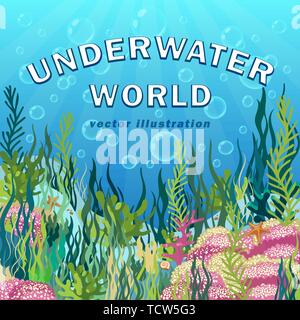 Underwater world background, seascape with reef and multicolored of algae, coral, sea bottom, hand drawn realistic ocean, blue water and rays of light Stock Vector