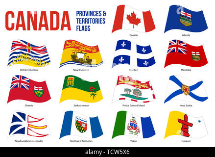 Canada All Provinces & Territories Flag Waving Vector Illustration on White Background. Flags of Canada. Correct Size, Proportion and Colors. Stock Photo