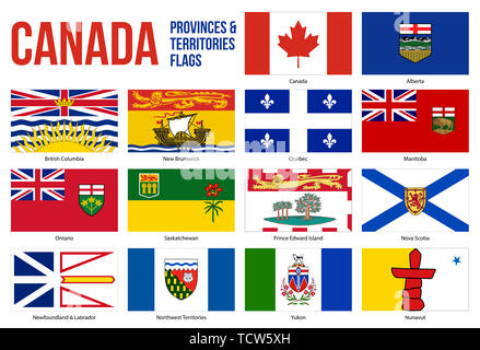 Canada All Provinces & Territories Flag Vector Illustration on White Background. Flags of Canada. Correct Size, Proportion and Colors. Stock Photo