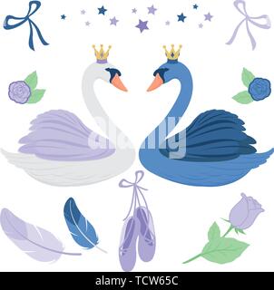 Vector fairy tale ballerina set with beautiful black and white princess swans, ballet shoes, feathers, flowers, stars and ribbons Stock Vector