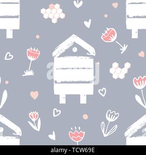 Beehives and meadow herbs. Vector seamless background with cartoon flowers, hearts, beehives, and honey combs Doodle style cartoon floral illustration Stock Vector