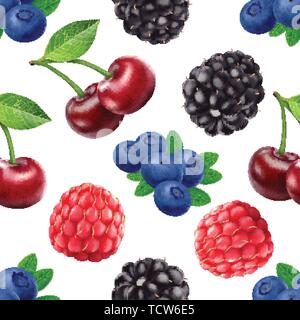 Blackberry blueberry cherry and raspberry seamless pattern. 3d realistic vector berries. Stock Vector