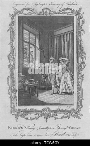 'Kirke's villainy & cruelty to a young woman who beg'd him to save his brother's life', 1773.  Creator: Charles Grignion. Stock Photo