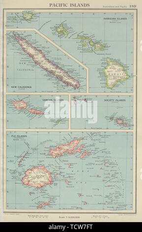 PACIFIC ISLANDS. Hawaii Samoa Fiji New Caledonia Society Islands 1947 old map Stock Photo