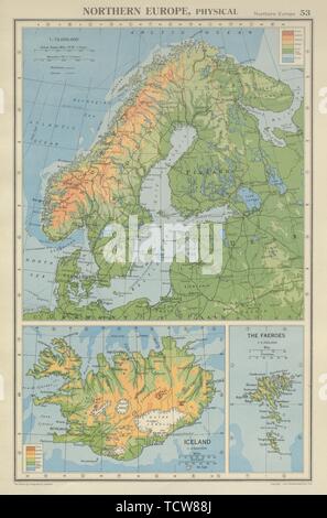 SCANDINAVIA PHYSICAL. Norway Sweden Denmark Finland 1947 old vintage map chart