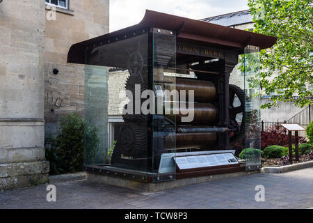 The Iron Duke the first rubber rolling or calendaring machine in Europe on display in the town of Bradford on Avon where it was first used. Stock Photo