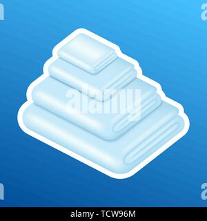 Washing sticker, pile, stack of white clean clothes, realistic, good laundry detergent result, vector illustration isolated. Stock Vector