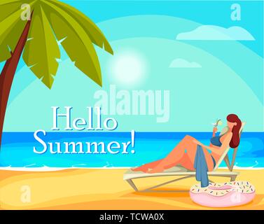 Hello summer. Young woman sunbathes on the beach. Vector illustration Stock Vector