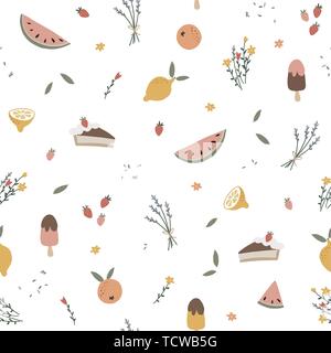 Floral seamless pattern with watermelon, lemons, strawberries, lavender and popsicles. Summer textile, fabric design with fruit and flowers. Hand Stock Vector