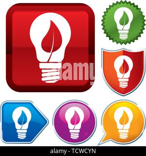 Vector illustration. Set shiny icon series on buttons. Lightbulb leaf. Stock Vector