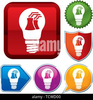 Vector illustration. Set shiny icon series on buttons. Lightbulb nuclear. Stock Vector