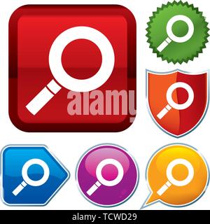 Vector illustration. Set shiny icon series on buttons. Magnifying glass. Stock Vector