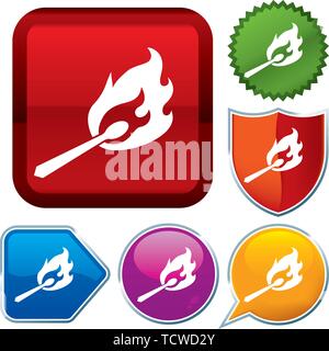 Vector illustration. Set shiny icon series on buttons. Fire match. Stock Vector