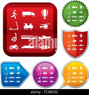 Vector illustration. Set shiny icon series on buttons. Means of transport. Stock Vector