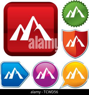 Vector illustration. Set shiny icon series on buttons. Mountain range. Stock Vector