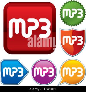 Vector illustration. Set shiny icon series on buttons. MP3. Stock Vector