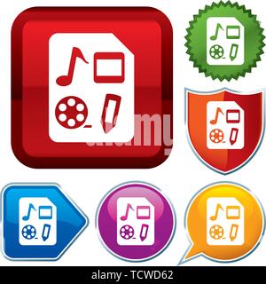 Vector illustration. Set shiny icon series on buttons. Multimedia file. Stock Vector