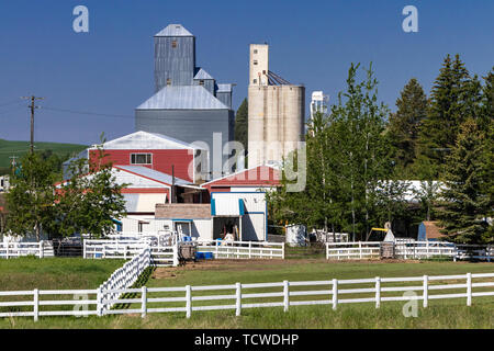 Grain elevators in Garfield, Palouse, Washington, USA. Stock Photo