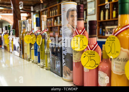 Bottles of various flavours of Pisco in the Tony Labis winery and pisco distillery in Huacachina, Peru, South America Stock Photo