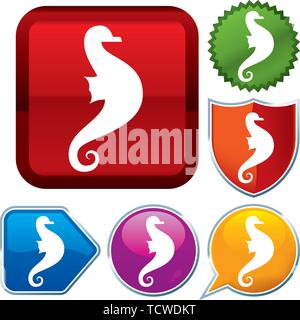 Vector illustration. Set shiny icon series on buttons. Seahorse. Stock Vector