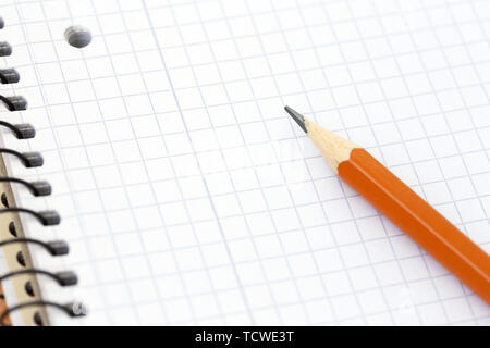 Spiral blank notebook in the cell with pencil. Selective focus. School concept. Stock Photo
