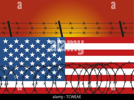 Barbed wire steel on wall made from the american flag. Immigration from Mexico illustration. Vector concept image. Stock Vector