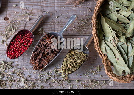 different spices of exotic colors seen from above Stock Photo