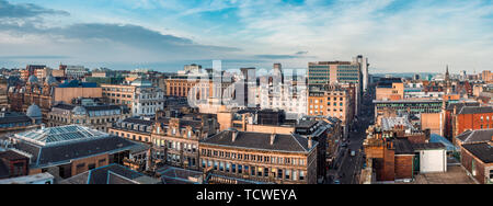 A wide panoramic looking out over buildings and streets in Glasgow city centre. Scotland, United Kingdom Stock Photo