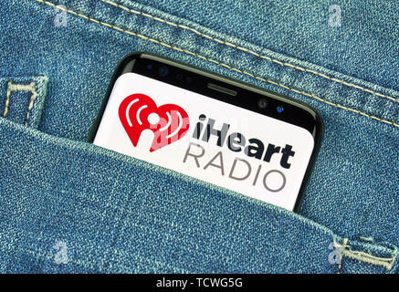 MONTREAL, CANADA - December 23, 2018: iHeartRadio android app and logo on Samsung s8 screen. iHeartRadio is a free broadcast and internet radio platfo Stock Photo