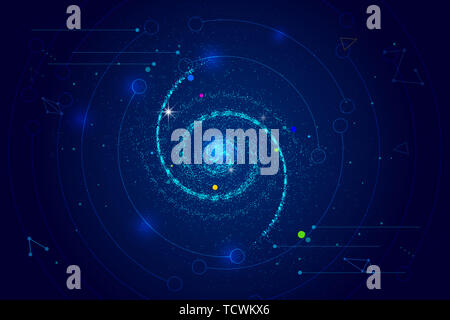 Point line links, particle swirls form cosmic starry abstract vector background, dot line connection abstract technology background Stock Photo