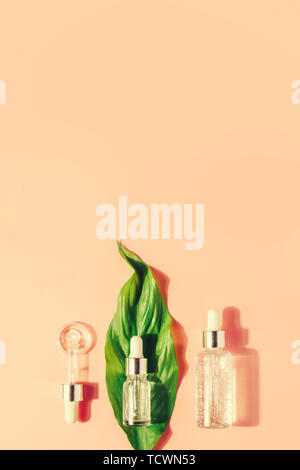 Natural Serums. Concept of cosmetic injection is hyaluronic acid, botulin, serum. Still life, Flat lay Stock Photo