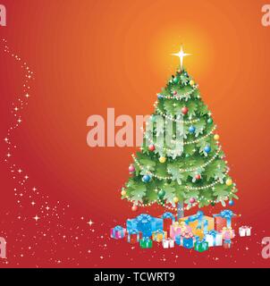 Christmas Tree with Lights Decorations and Presents on red background EPS10 Stock Vector