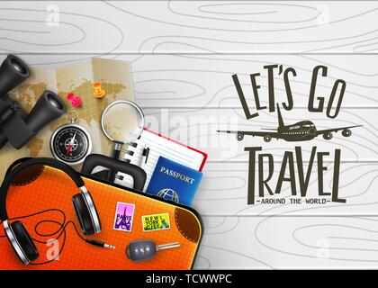 3D Realistic Let's Go Travel Around The World Creative Banner with Travelling Item such as Binoculars, Map, Compass, Magnifying Glass, Sunglasses, Car Stock Vector