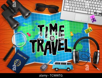 Creative Time to Travel 3D Realistic Vector Illustration in Top of Brown Wooden Plank Table with Travelling Items like Binoculars, Map, Magnifying Stock Vector