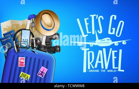3D Realistic Travel Banner Front View with Let's Go Travel Around the World Message and Travelling Items such as Luggage Bag,  Binoculars, Map, Stock Vector
