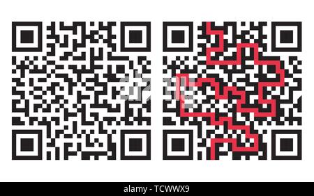QR Code Maze with Solution in Red - grouped separately Stock Vector